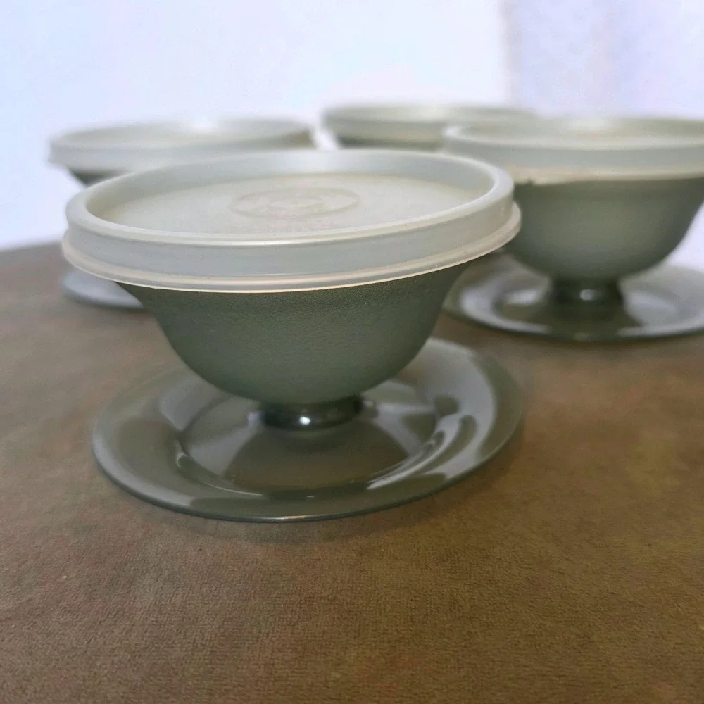 Vintage Tupperware Smoky Gray Footed Dessert Sherbet Cups with Lids Set of 4 733